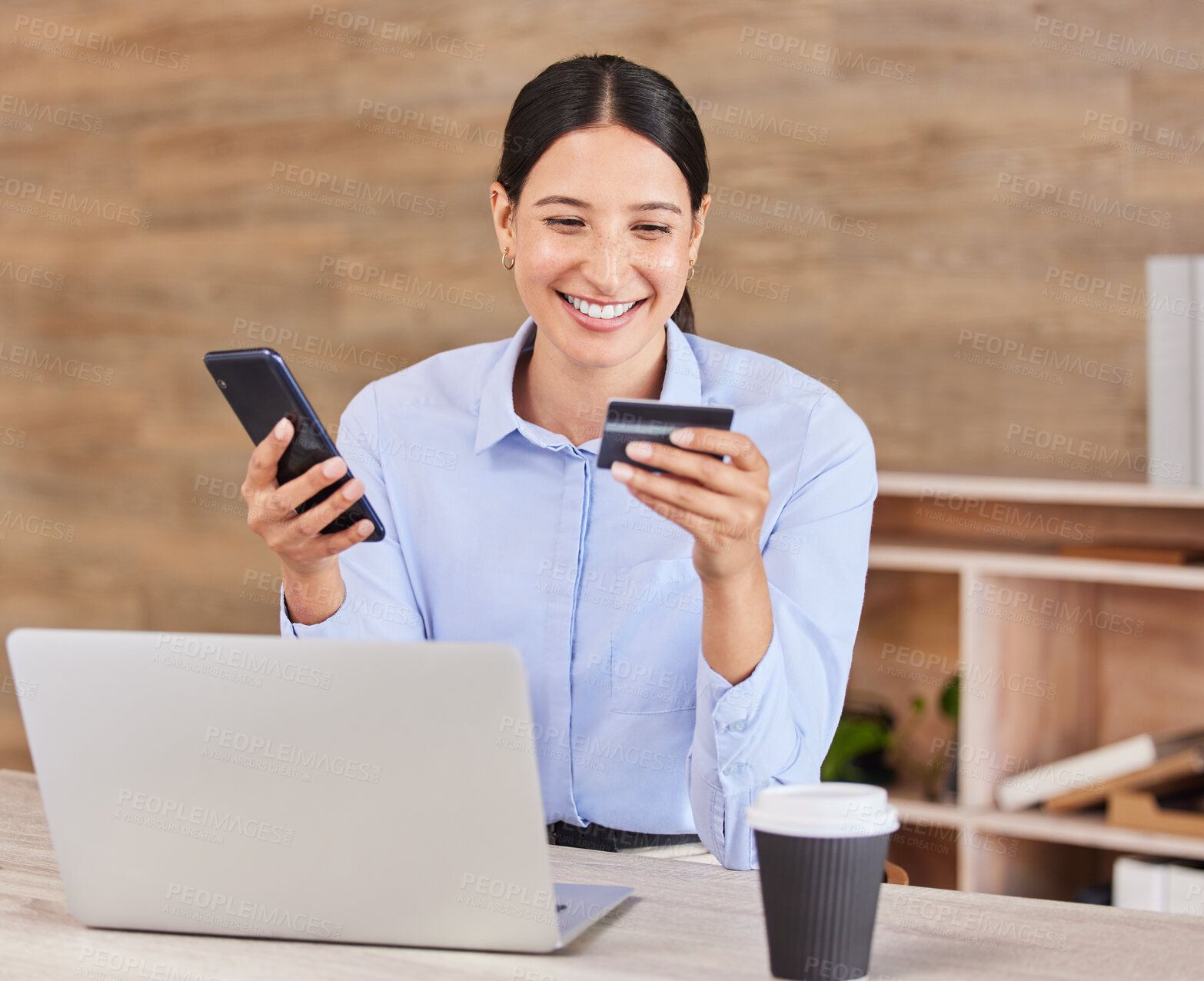 Buy stock photo Happy business woman, phone and credit card for online shopping, payment or banking at the office. Excited female person, shopper or employee with smile in ecommerce on mobile smartphone at workplace