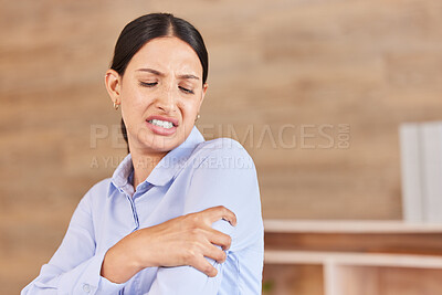 Buy stock photo Business woman, arm pain and stress with sore shoulder, broken bone or discomfort at office. Frustrated and tired female person or employee holding painful area, inflammation or joint at workplace