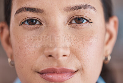 Buy stock photo Business woman, face and eyes closeup of a professional headshot with vision and mockup. Workforce, young worker and female person from France in a office with a smile and portrait with focus