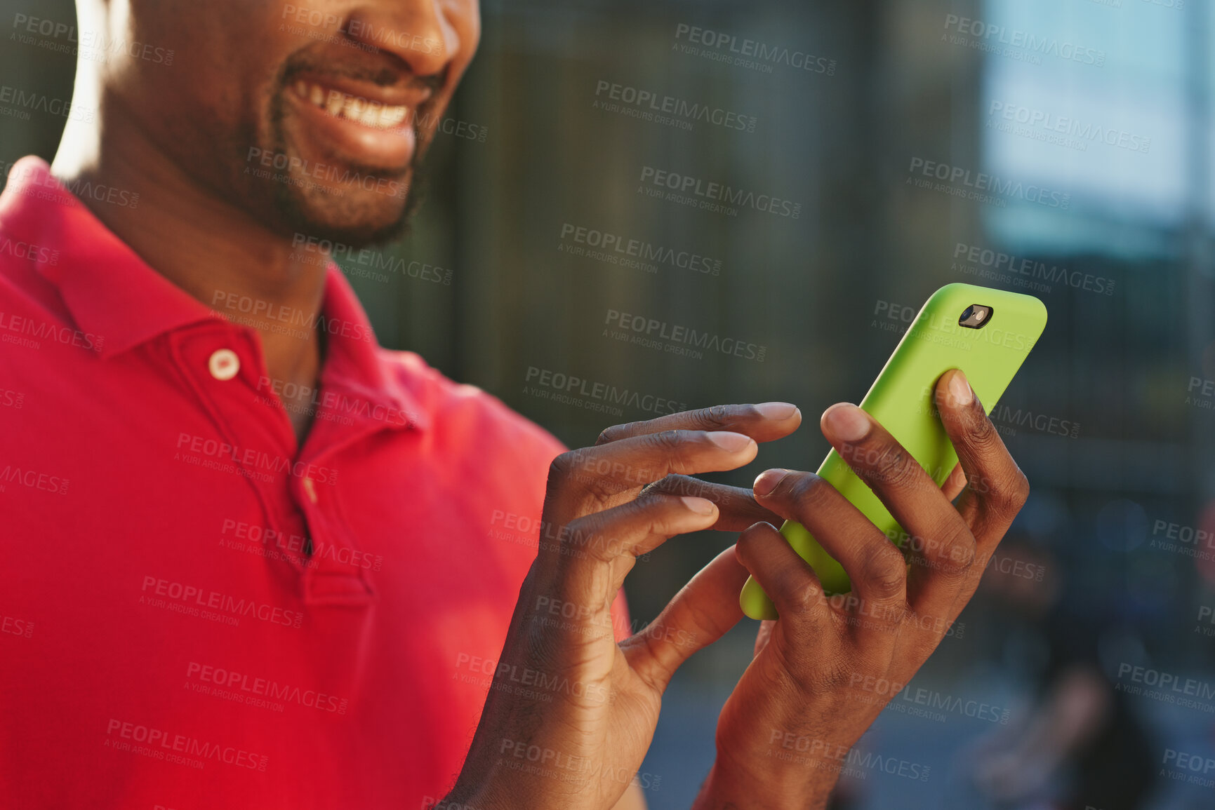 Buy stock photo Typing, phone and hands of man in city for social media, networking and internet communication in street. Happy, travel and person on smartphone for contact, website and online chatting in urban town