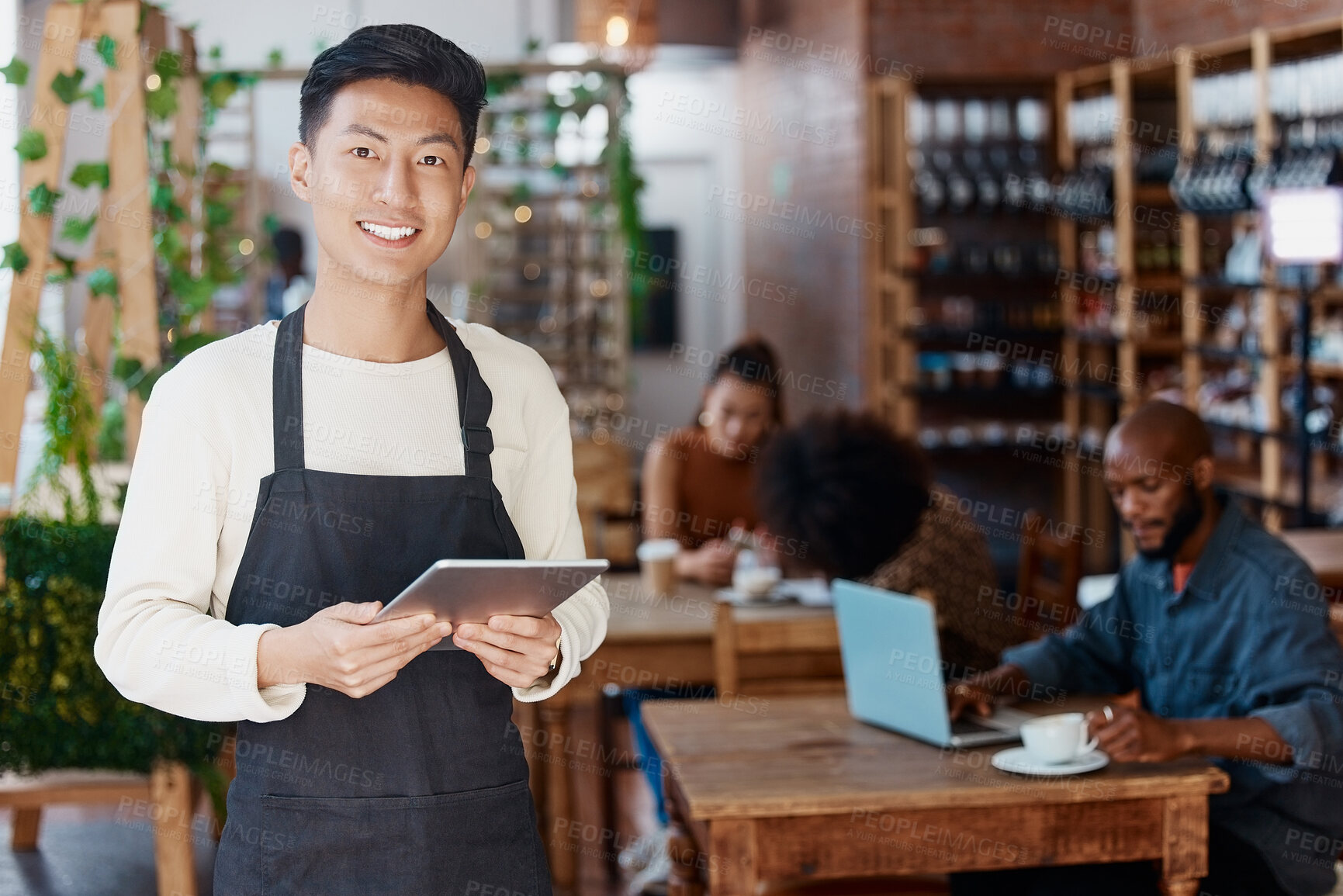 Buy stock photo Restaurant, tablet and portrait of man or small business owner, e commerce and cafe or coffee shop management. Happy waiter or Asian person with sales on digital technology or internet for startup