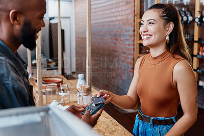 Buy stock photo Credit card, machine and happy people in small business, e commerce transaction and fintech payment or store digital POS. Banking, customer services or b2c woman, cashier or man in shop or restaurant