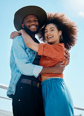 Buy stock photo Portrait, hug and couple outdoor, love and relationship with happiness, bonding and loving together. Face, man or woman embrace, interracial and romance with quality time, smile and support with care