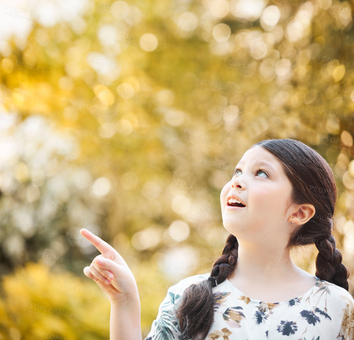 Buy stock photo Happy, girl and pointing in showing, trees and garden with bird watching, nature and fun on weekend. Female child, surprised and excited for outdoor, joy and hand gesture in backyard, park or forest