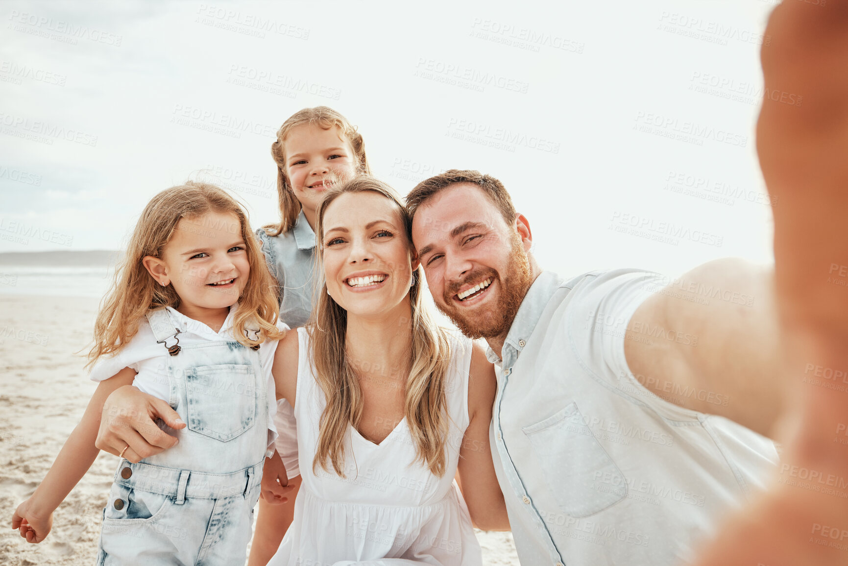 Buy stock photo Selfie of mom, dad and kids on beach, travel and happiness on ocean holiday in Australia together. Mother, father and happy children with smile in self portrait in nature on summer vacation at sea.