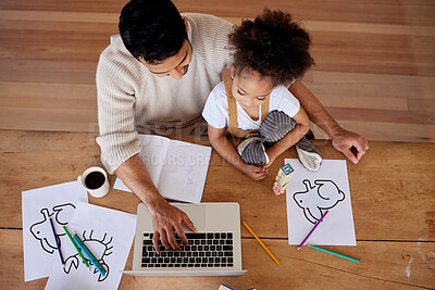 Buy stock photo Father working from home with his daughter. Father and daughter from above.Little girl drawing a picture while her father works. Dad teleworking on laptop with is child. Daughter doing her homework
