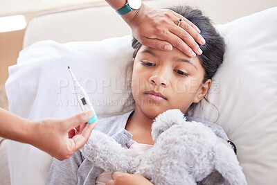 Buy stock photo Sick, worry and thermometer with mother and child in bedroom for support, illness and healthcare. Virus, pain and help with hand of woman and young girl in family home for care, love and fever