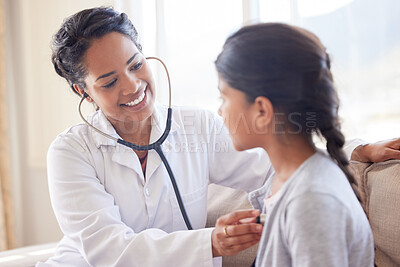 Buy stock photo Doctor examining a little girl with stethoscope. Female paediatrician listening to child's heartbeat during home visit or checkup at clinic. Caring woman in healthcare sector working with patient