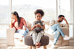 Scared little kid with afro sitting and holding teddy bear while parents fight. African American couple ignoring each other after arguing in presence of their daughter. Parents divorce affecting child