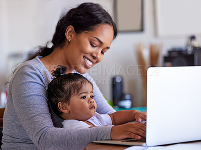 Buy stock photo Laptop, baby and work from home mom typing, child care and planning business, job and family support or parent multitask. Computer of happy woman, busy mother or freelance person for career and child