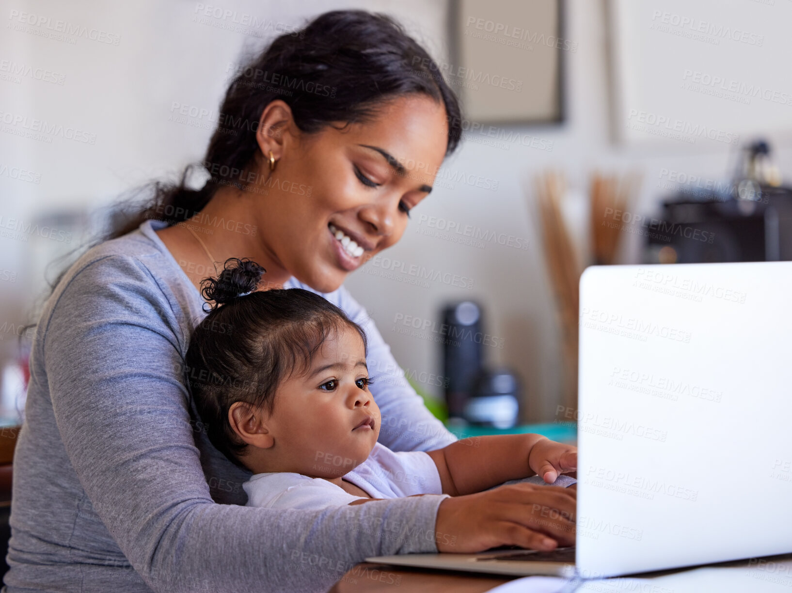 Buy stock photo Laptop, baby and work from home mom typing, child care and planning business, job and family support or parent multitask. Computer of happy woman, busy mother or freelance person for career and child