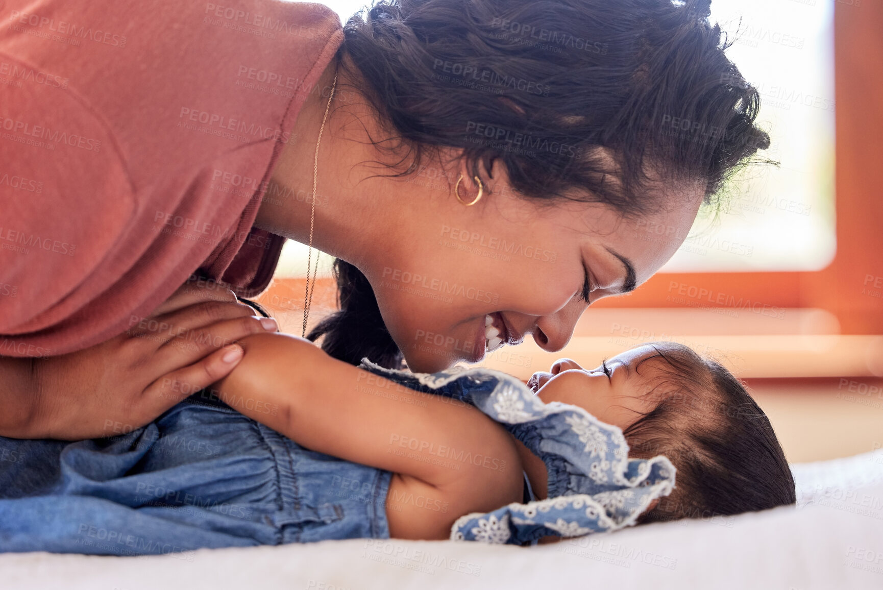 Buy stock photo Mother playing baby daughter bed room fun bonding cute