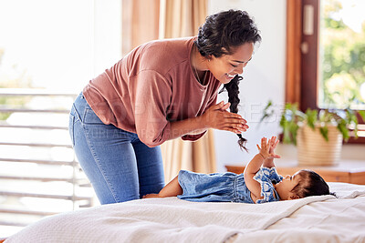 Buy stock photo Mother playing baby daughter bed room fun bonding cute