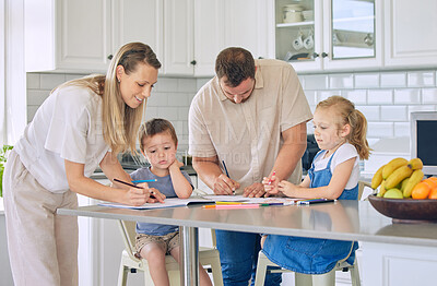 Buy stock photo Caucasian parents helping children with homework. Two siblings doing school work. Mother helping her son with homework. Brother and sister drawing with parents. Family doing homework in the kitchen