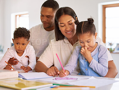 Buy stock photo Teaching, parents and children learning in home with mom, dad and education in kindergarten. Couple, helping kids with colouring activity, girl drawing or creative homework project for development