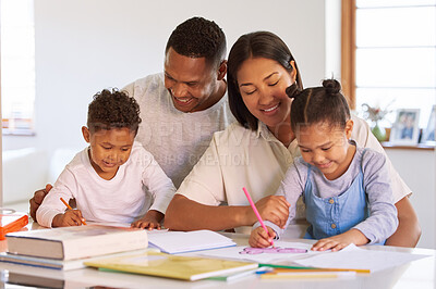 Buy stock photo Parents, teaching and children learning in home with mom, dad and education in kindergarten. Couple, helping kids with colouring activity, girl drawing or creative homework project for development