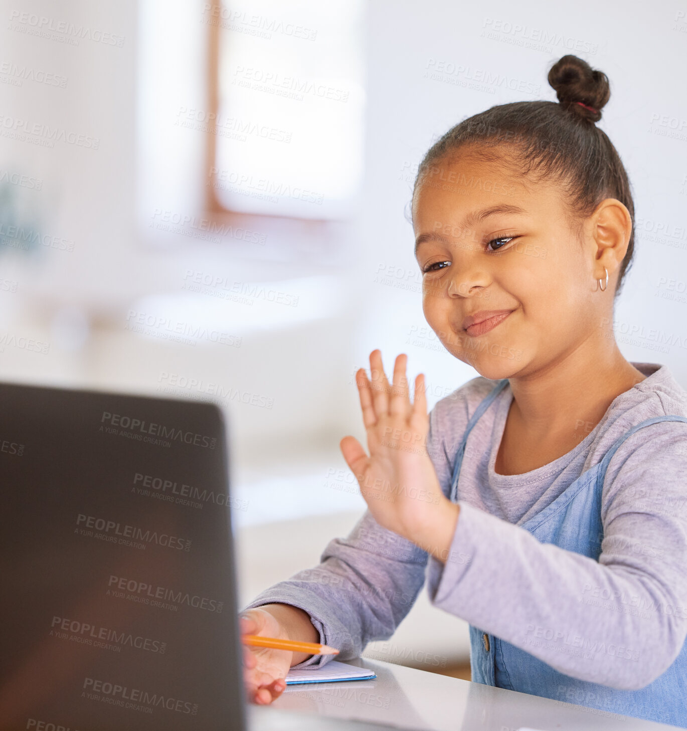 Buy stock photo Video call, laptop and child or girl for home education, e learning and online class for kindergarten knowledge. Happy african kid wave hello on computer elearning, virtual school or webinar teaching
