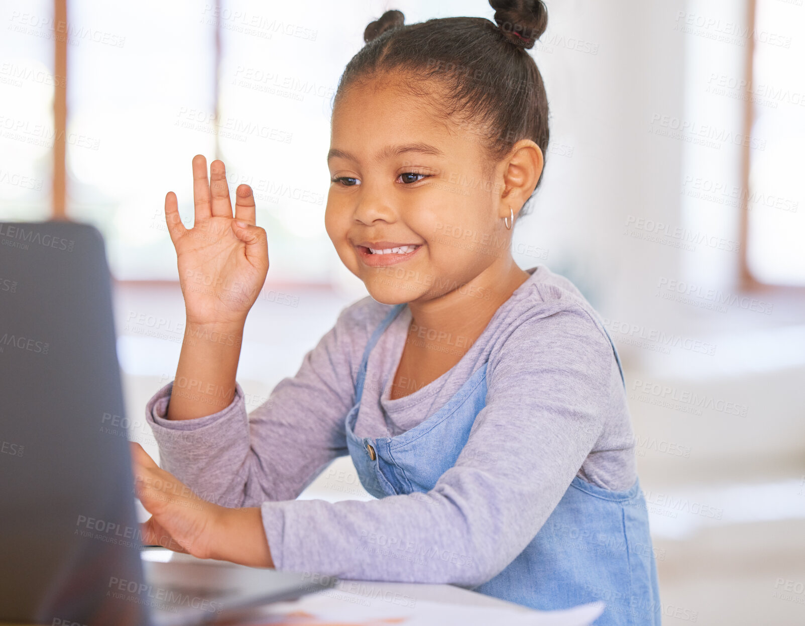 Buy stock photo Video call, computer and child or girl for home education, e learning and online class for kindergarten knowledge. Happy african kid wave hello on laptop elearning, virtual school or webinar teaching