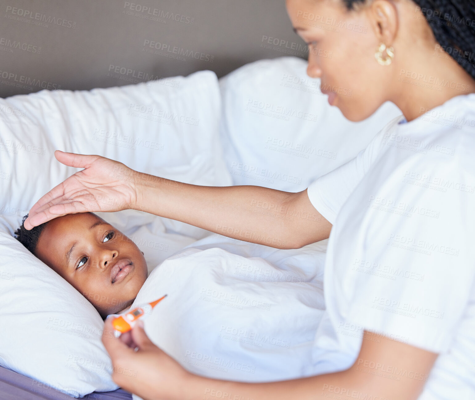 Buy stock photo Thermometer, mother and sick child in bed with a fever and hand of mom on head to check temperature. Black boy kid and a woman together in a bedroom for medical test, health risk and virus problem