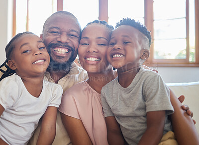 Buy stock photo Happy, African family and portrait in living room on weekend for relax with mom, dad and kids. Black man, woman and children on sofa for home, support and bonding together with love and pride