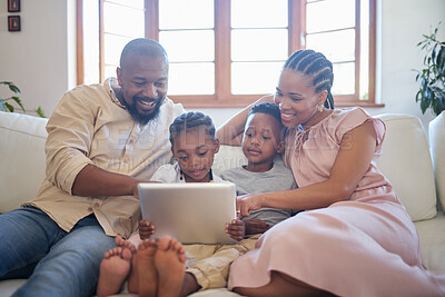 Buy stock photo Tablet, African family and ebook in living room on weekend for live streaming with mom and dad. Happy man, woman and online in lounge for love, internet and watching movies or home together