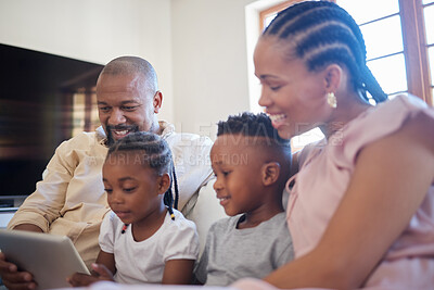 Buy stock photo Family, girl child and tablet in living room on weekend for live streaming or ebook for storytelling with dad. Children, woman and online in lounge for love, happiness and movies or home on couch