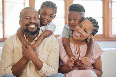 Buy stock photo Hug, happy family and portrait in home on weekend with love for mom, dad and kids on couch. African man, woman and children on sofa for care, support and trust or bond together with smile and pride