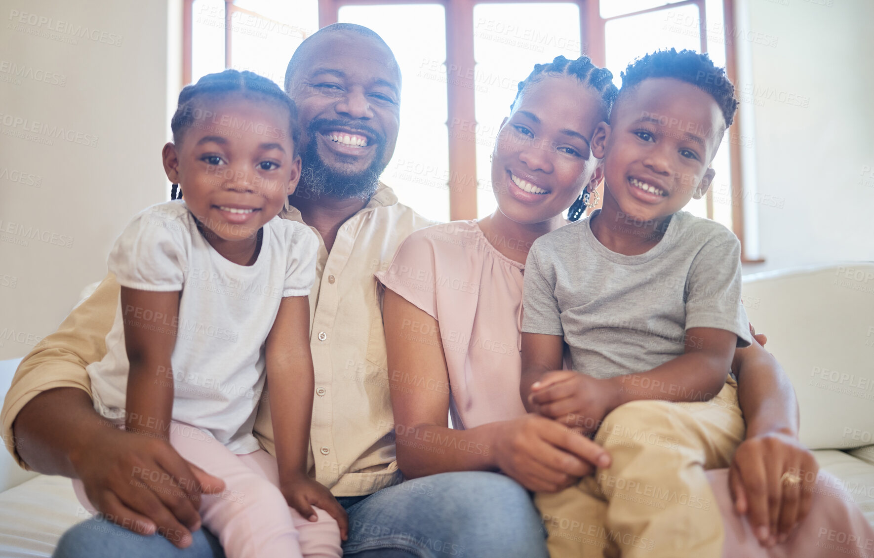 Buy stock photo Smile, mom and dad with portrait and kids in living room on weekend for relax, family and happiness. Black man, woman and children on sofa for care, support and trust or bond together in apartment  