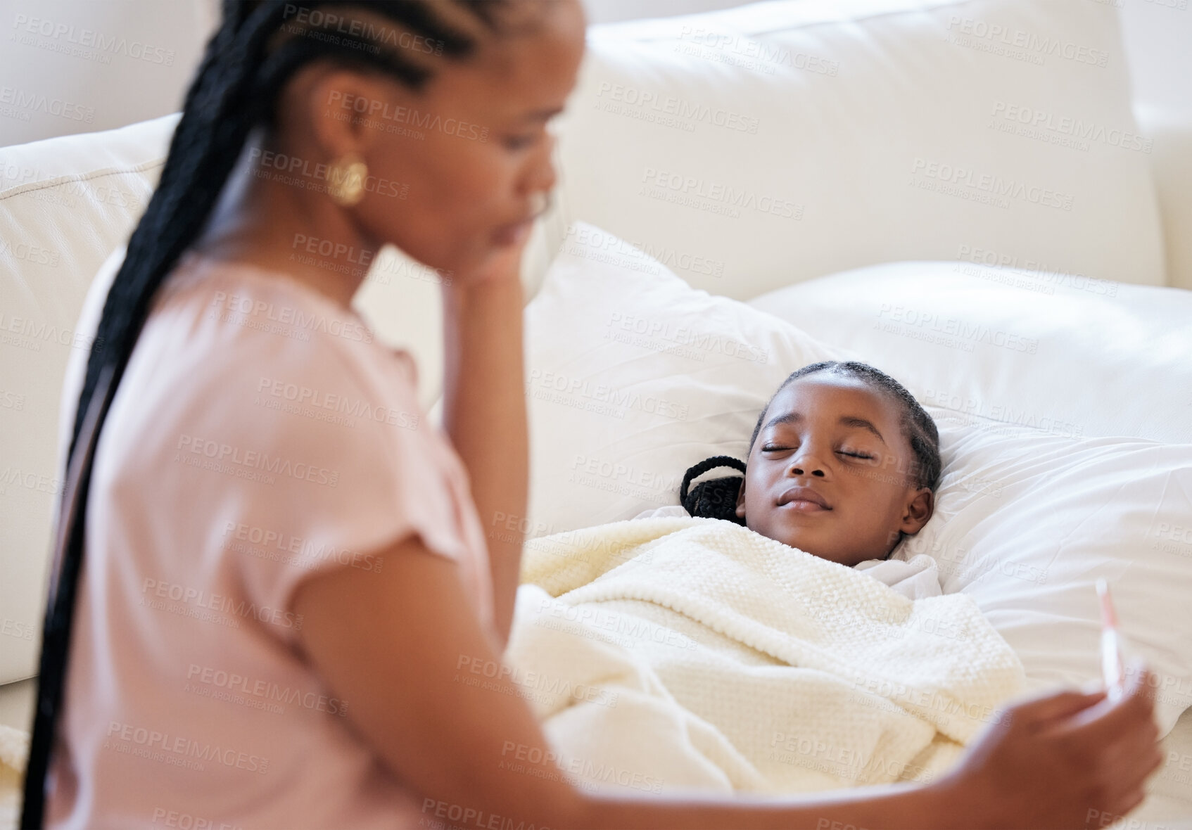 Buy stock photo Mother, thermometer and phone call for sick child sleeping in bed with a fever. Black girl kid and a woman together in bedroom for medical risk, health check and help for virus or temperature problem