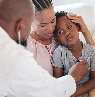 Buy stock photo Children, healthcare and a mother with her sick son at the doctor with a checkup or examination in a hospital. Medical, kids and a boy patient at the pediatrician with his black woman mom in a clinic