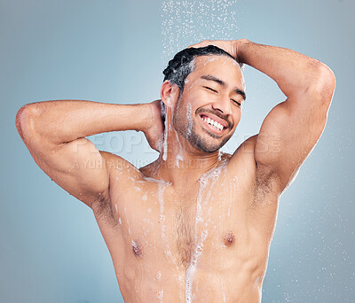 Buy stock photo Man enjoying a shower. Handsome man shower in a studio. Hispanic man haircare routine in the shower. Male model washing, cleaning his body in the shower. Man rinsing soap from his body
