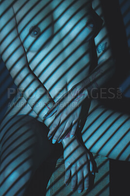 Beautiful Naked Woman Posing with Blinds Shadow on Body Isolated