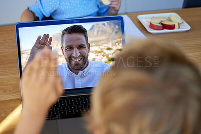 Buy stock photo Closeup of a son having a video call with his caucasian father on a laptop at home and greeting with a waving gesture