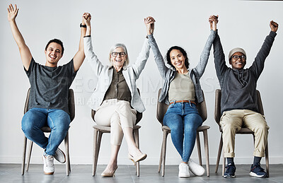 Buy stock photo Portrait of diverse recovered addicts. Patients sitting in line at doctor's office.Therapist sitting with patients in a row. Happy mixed race colleagues celebrating and looking positive with copyspace