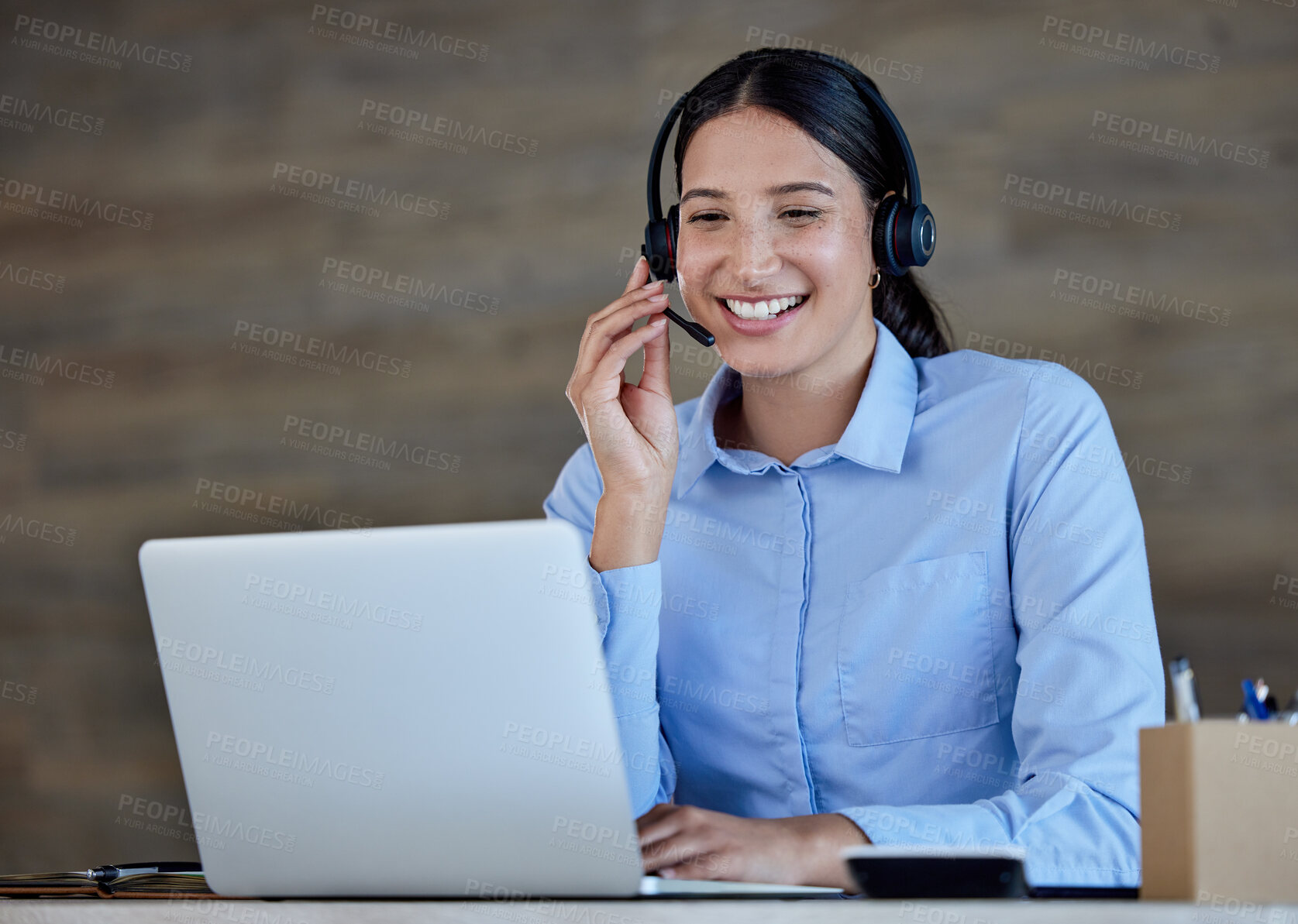 Buy stock photo Call center, happy and woman with headset working on crm, b2b or customer service job in communication on laptop. Businesswoman, telemarketing and support or professional worker to answer calls