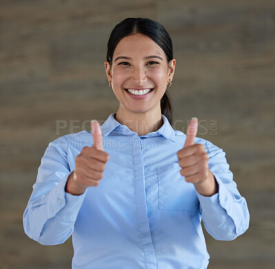 Buy stock photo Portrait, business woman and thumbs up for success isolated on wood background for support, like or okay sign. Happy face of person in Mexico or winner with yes, winning and agreement hands or emoji