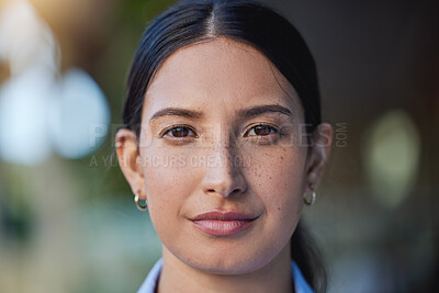Buy stock photo Woman, serious and portrait in a closeup with thinking in the outdoor with an idea in mexico. Face, female person and beauty with focus and calm with vision, eye and skin with concentration for goal.