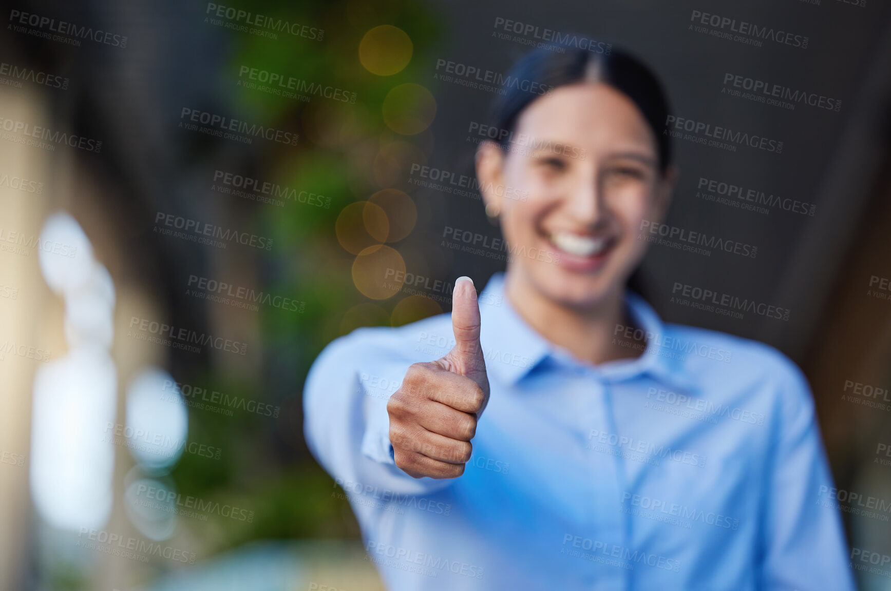 Buy stock photo Thumbs up, portrait and business woman for outdoor success, like and okay or support, vote and subscribe sign. Happy face of professional person or winner in yes, winning and agreement hands or emoji