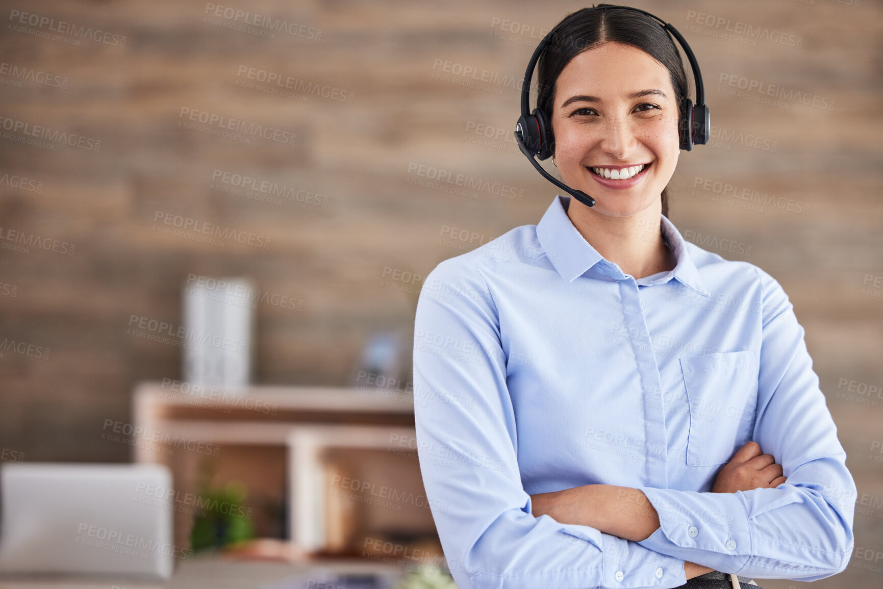 Buy stock photo Call center, portrait and woman with arms crossed and headset for calls, working in communication and crm office. Agent, smile and happy customer service worker to help, support and consulting advice