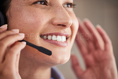 Buy stock photo Closeup, call center and woman with telemarketing, consultant and customer service with headphones. Female person, employee and agent with headset, tech support and advice with help and communication