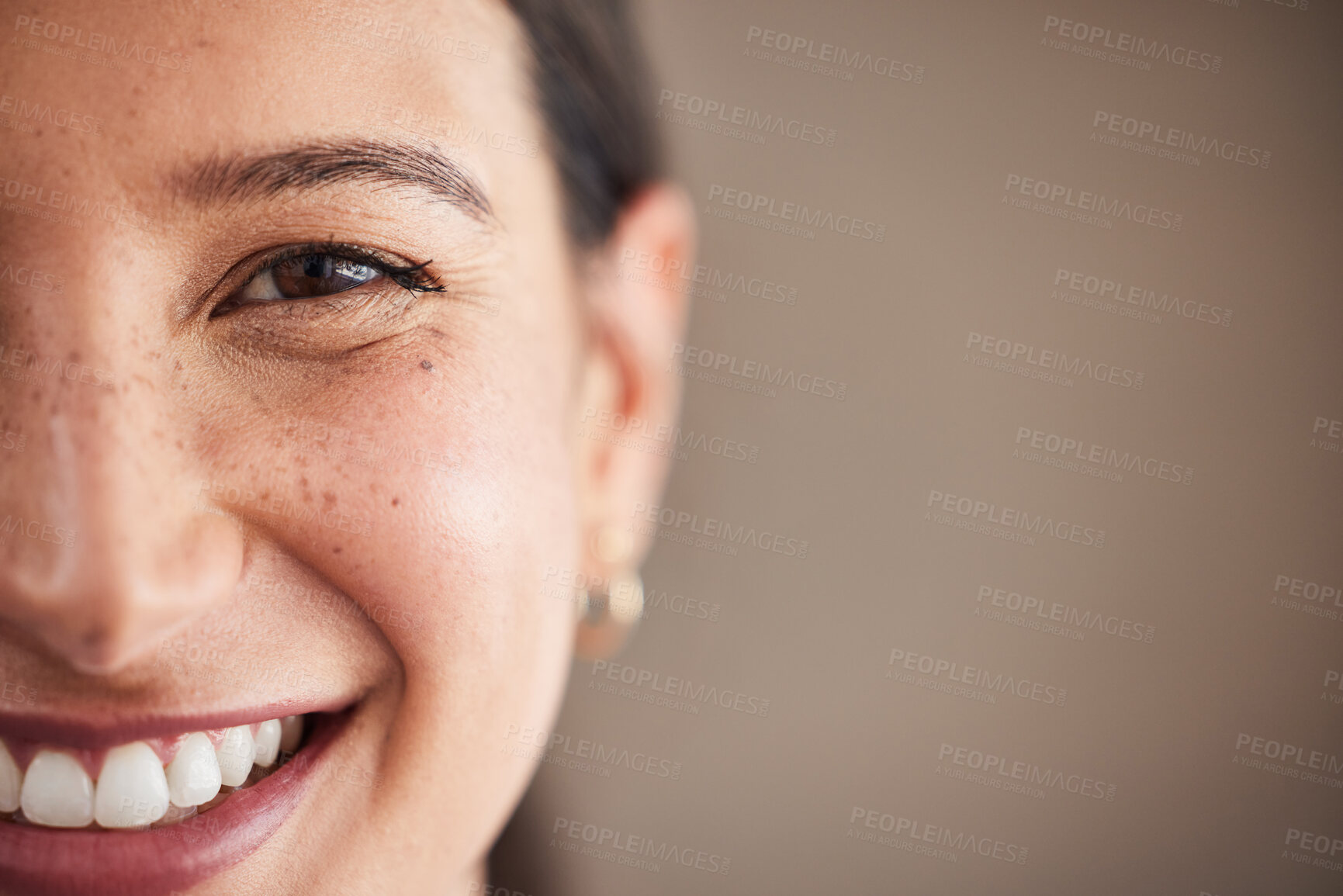 Buy stock photo Portrait, closeup and woman with mockup, white teeth and smile against a studio background. Face, female person and girl with happiness, oral hygiene and dental care with wellness, zoom and health