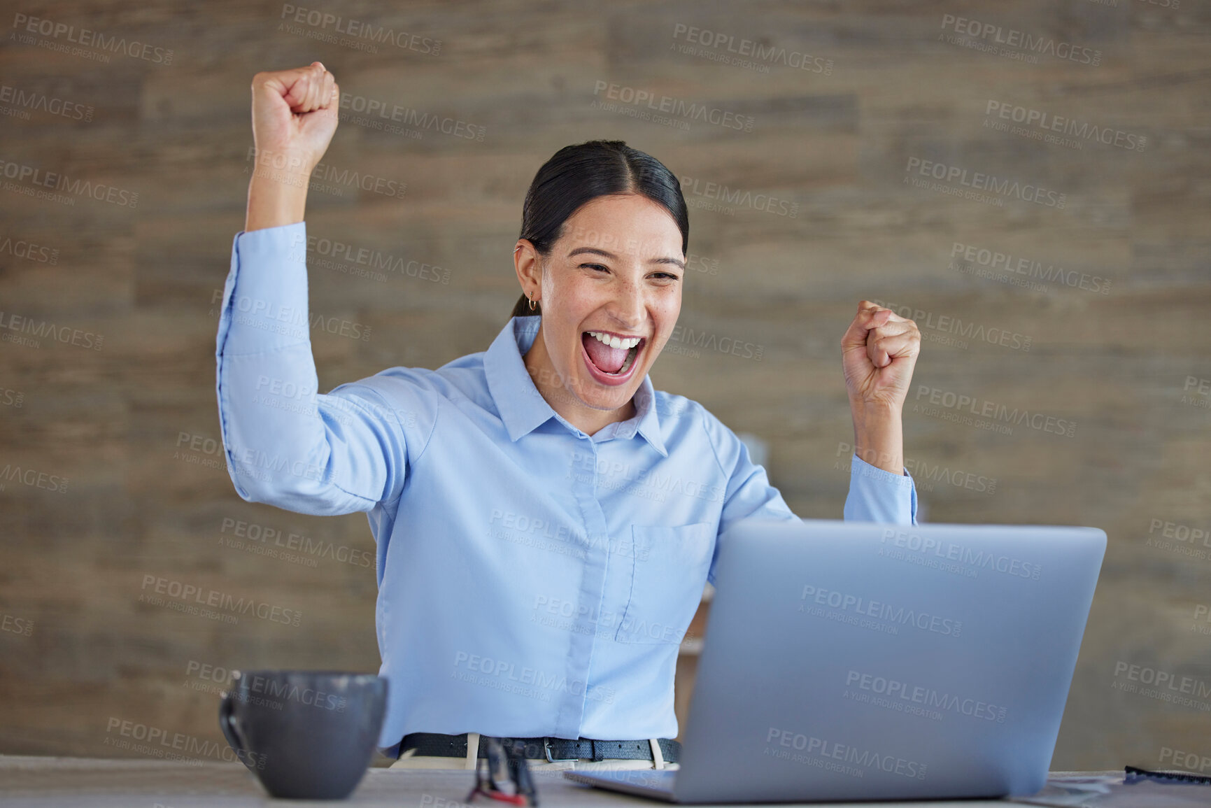 Buy stock photo Happy woman at desk with laptop, excited for good news, promotion or winning deal on email in office. Happiness, celebration and success, online trader at start up and winner feedback on bonus stocks