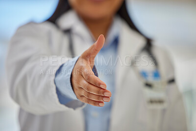 Buy stock photo Closeup, handshake and doctor with hands of woman for meeting, welcome or thank you. Consulting, medicine and medical with female healthcare worker in hospital for choice, partnership or introduction