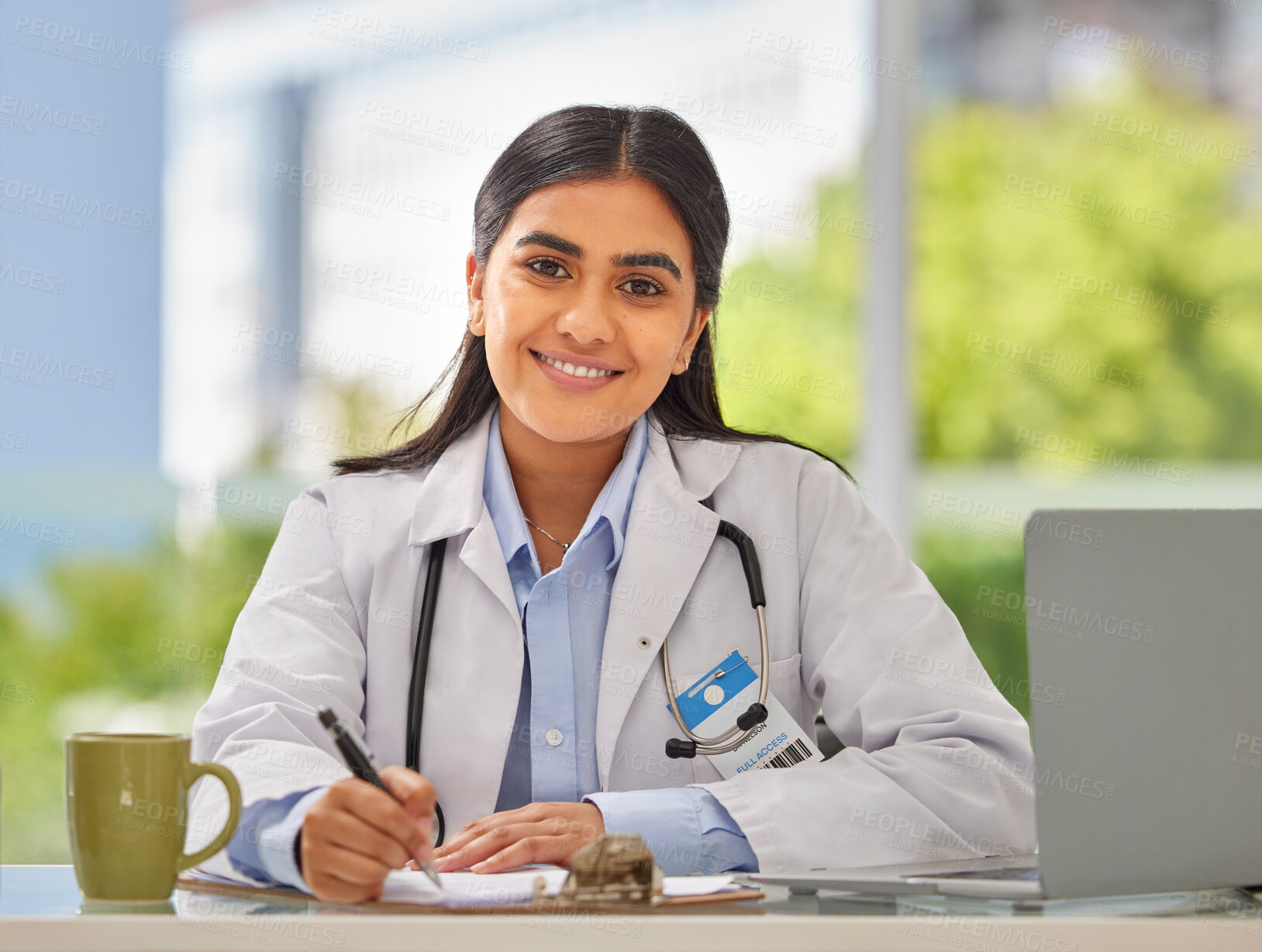 Buy stock photo Medical, writing and portrait of doctor in office for consulting, report and paperwork. Medicine, healthcare and checklist with woman in hospital for prescription, wellness exam and results