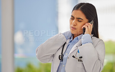 Buy stock photo Stress, doctor and phone call with woman and neck pain for medical, injury and muscle inflammation. Medicine, healthcare and tired with employee and appointment for physiotherapy and consulting