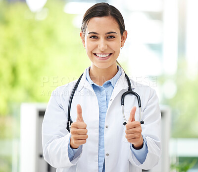 Buy stock photo Thank you, portrait of woman with thumbs up and smile at the hospital outdoors. Success or motivation, review or support and happy female nurse with hand emoji for health wellness or achievement