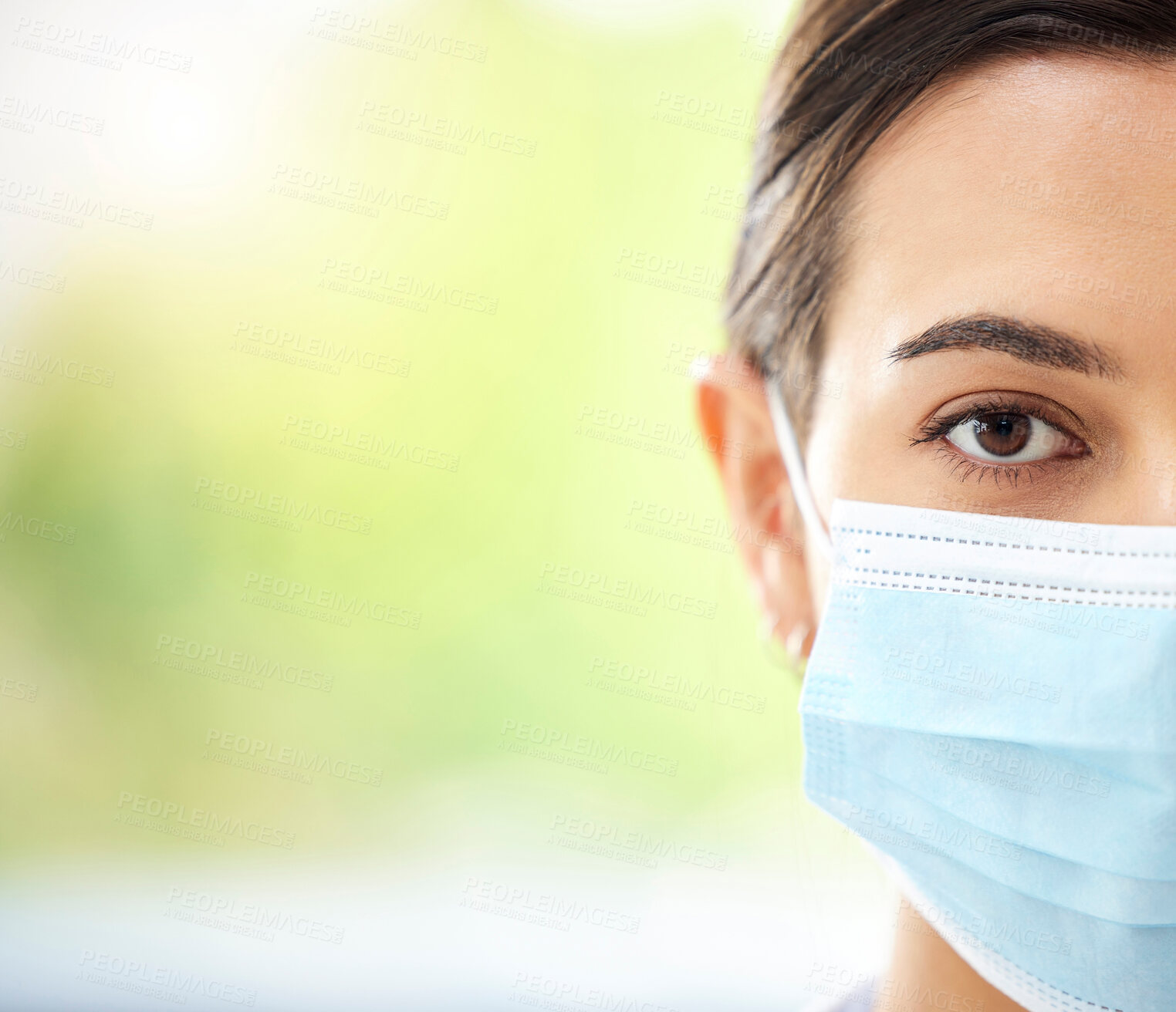 Buy stock photo Face mask, half face and portrait of doctor in hospital with mockup space for disease prevention. Healthcare, germ and woman medical worker with protection of contagious virus, covid or flu infection