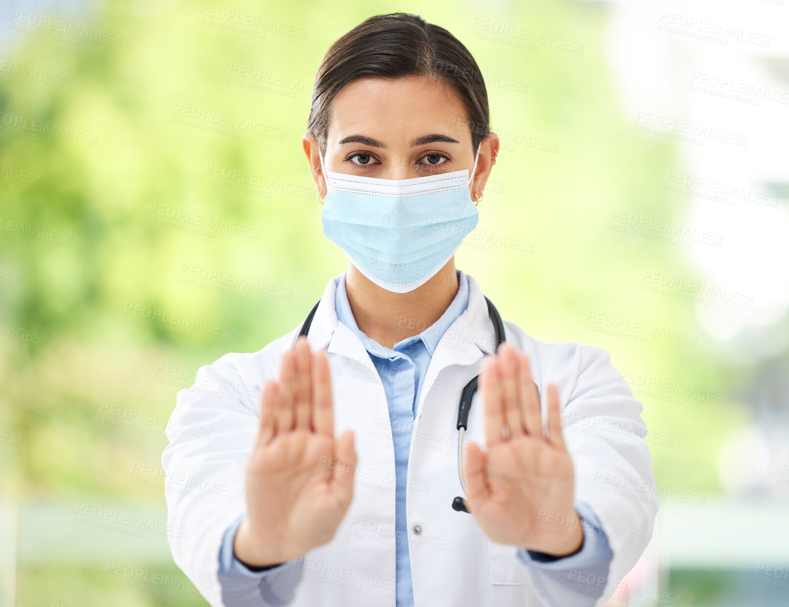 Buy stock photo Doctor, face mask and portrait of woman with stop for healthcare opinion, danger and warning of covid. Serious, protocol and professional person with hand gesture for medical, risk or caution of LB.1