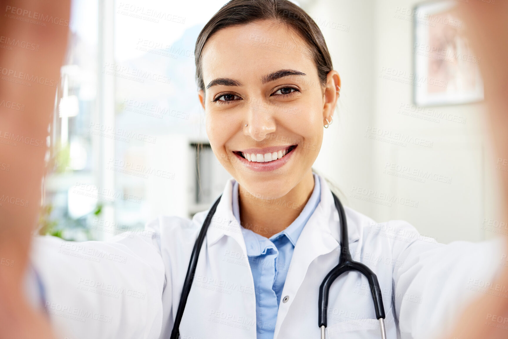 Buy stock photo Doctor, smile and portrait of woman with selfie for healthcare, memory and hospital website. Happy, professional and person with digital photography at work for medical service, update or online post