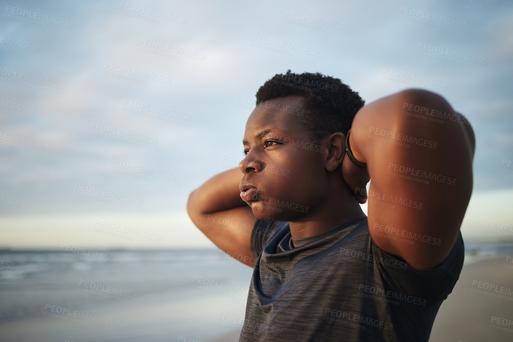 Buy stock photo Black man, exercise at beach and hands on head for fitness, workout or practice on mockup space. Stretching, thinking and African male person warm up at ocean for health, wellness or sports training.